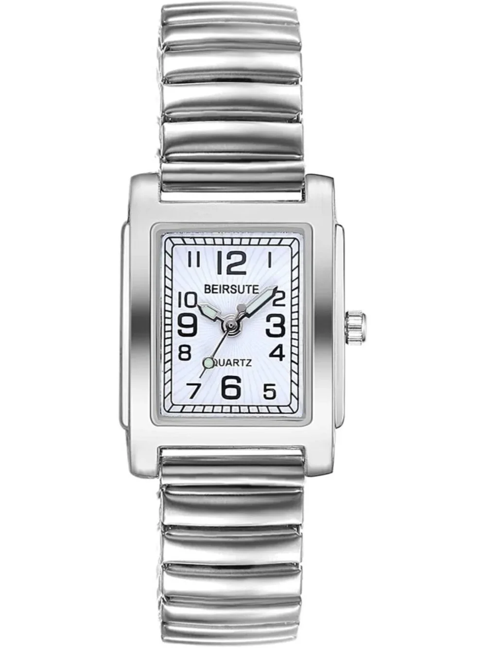 Women's Silver Analog Quartz Small Dial Easy Reader Stretch Band Square Watch